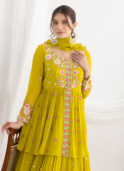 Lime Green Georgette Beads Work Wedding Wear Readymade Plazzo Suit SW899442