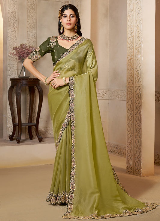 Organza Lime Green Wedding Wear Embroidery Work Saree 386114