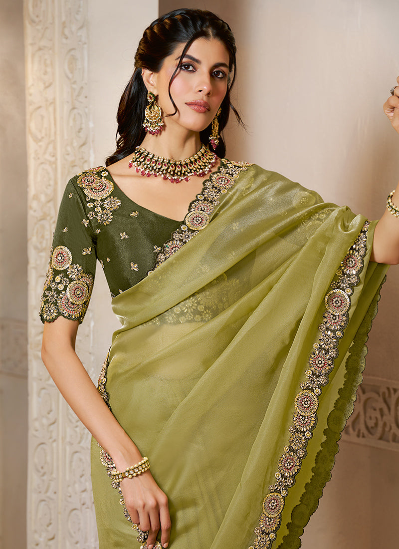 Organza Lime Green Wedding Wear Embroidery Work Saree 386114