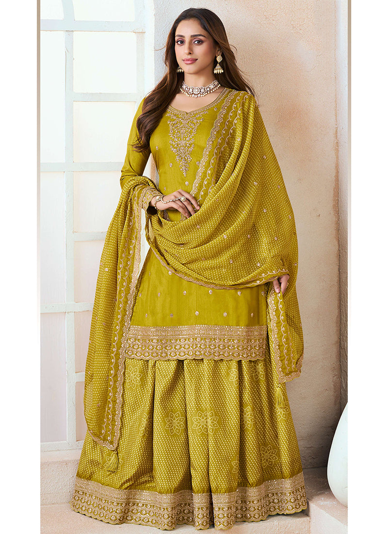 Silk Lime Green Wedding Wear Embroidery Work Palazzo Suit 385245