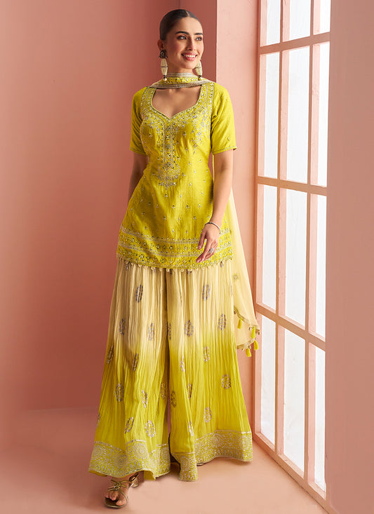 Lime Yellow Chinon Silk Embroidery Work Party Wear Readymade Plazzo Suit SW886760