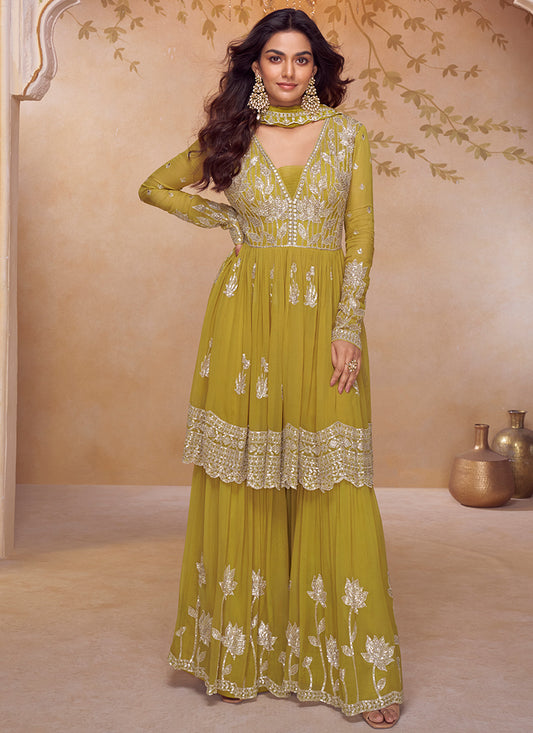 Lime Yellow Chinon Embroidery Work Wedding Wear Readymade Sharara Suit SW264764