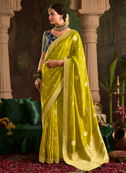 Lime Yellow Dola Silk Weaving Work Occasional Wear Saree SW671106