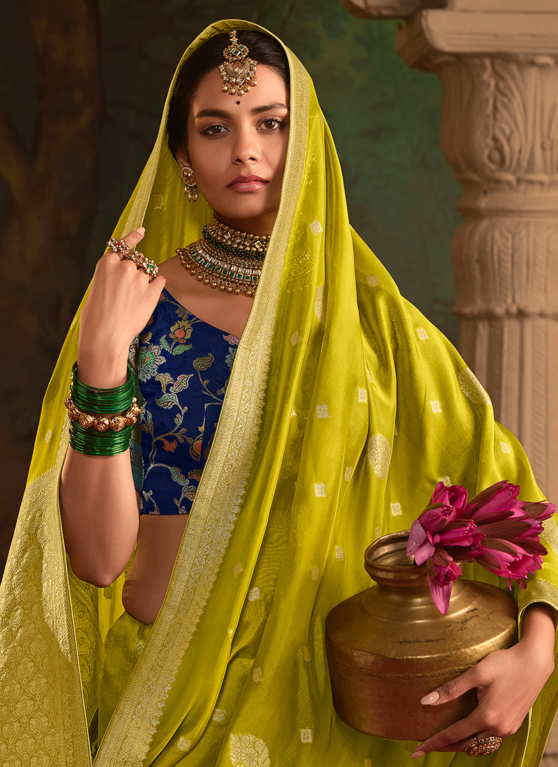 Lime Yellow Dola Silk Weaving Work Occasional Wear Saree SW671106