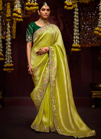 Lime Yellow Kanjivaram Silk Sequins Work  Party Wear Saree SW810676