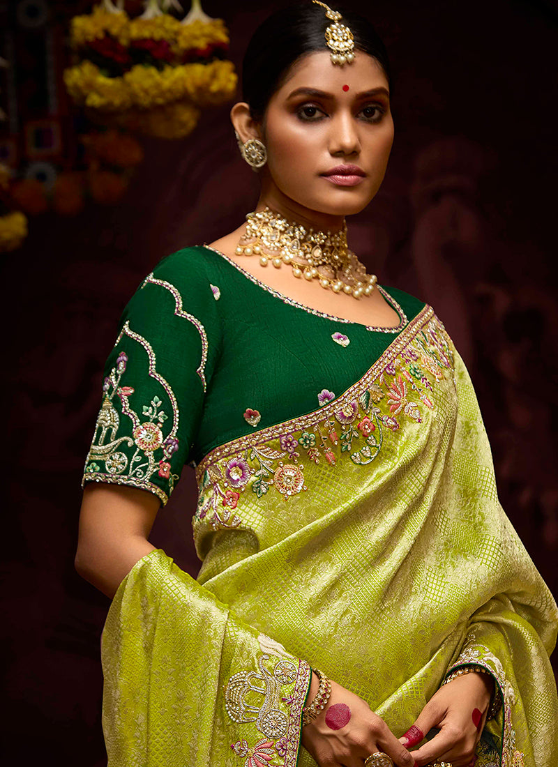 Lime Yellow Kanjivaram Silk Sequins Work  Party Wear Saree SW810676