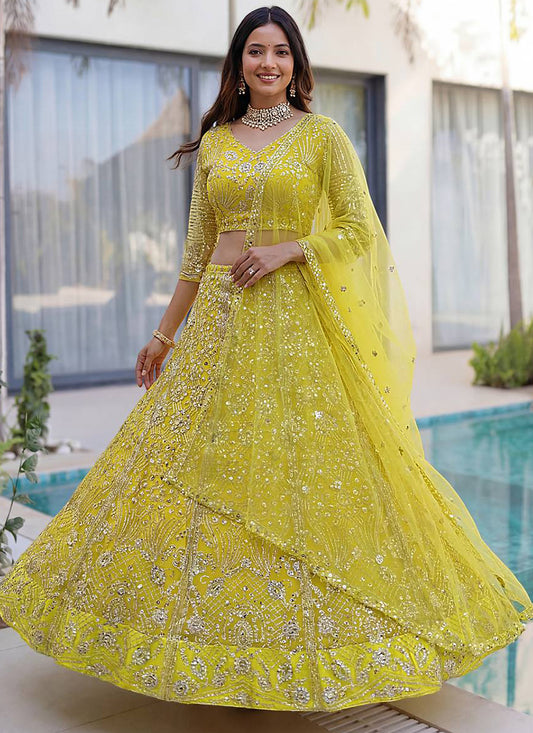 Lime Yellow Net Embroidery Work Occasional Wear Lehenga Choli SW667944