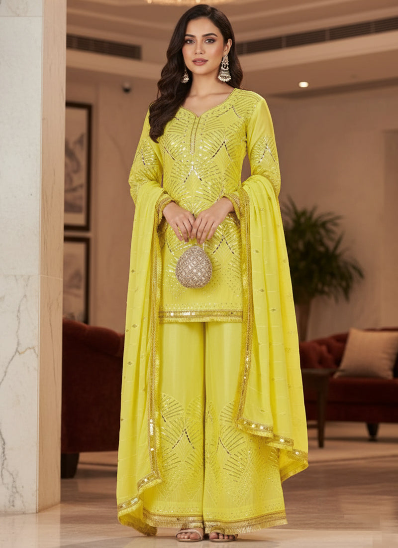 Lime Yellow Silk Mirror Work Occasional Wear Readymade Plazzo Suit SW838225