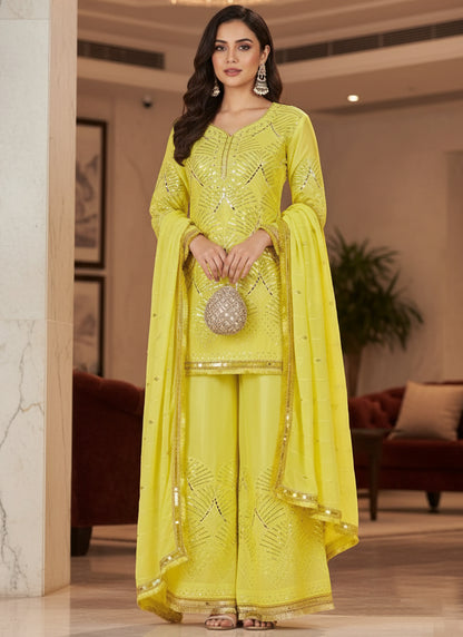 Lime Yellow Silk Mirror Work Occasional Wear Readymade Plazzo Suit SW838225