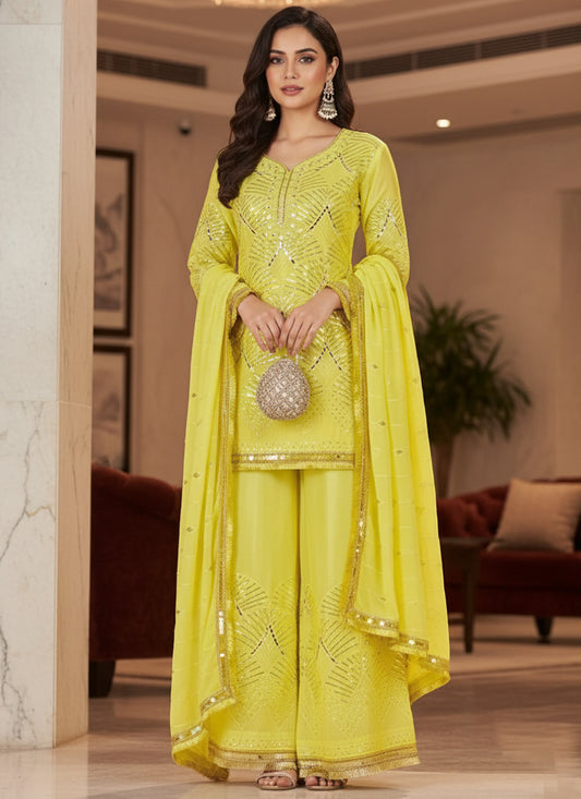 Lime Yellow Silk Mirror Work Occasional Wear Readymade Plazzo Suit SW838225