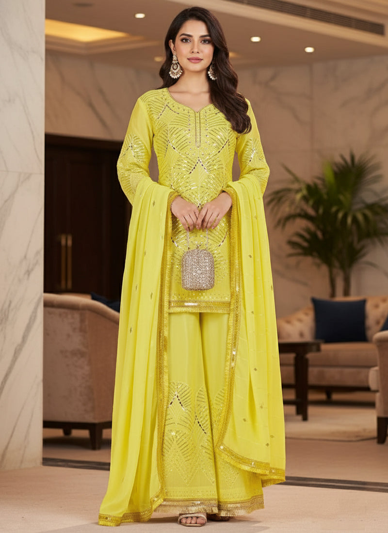 Lime Yellow Silk Mirror Work Occasional Wear Readymade Plazzo Suit SW838225