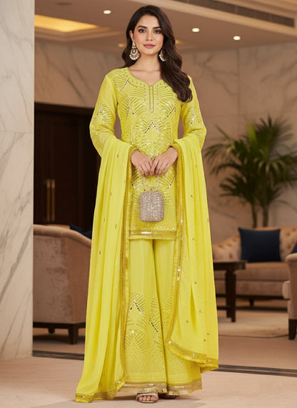 Lime Yellow Silk Mirror Work Occasional Wear Readymade Plazzo Suit SW838225