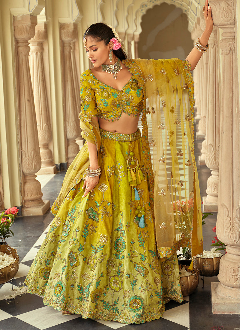 Silk Lime Yellow Wedding Wear Heavy Embroidery Cut Work Readymade Lehenga Choli 386501