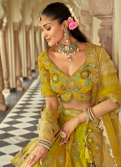 Silk Lime Yellow Wedding Wear Heavy Embroidery Cut Work Readymade Lehenga Choli 386501