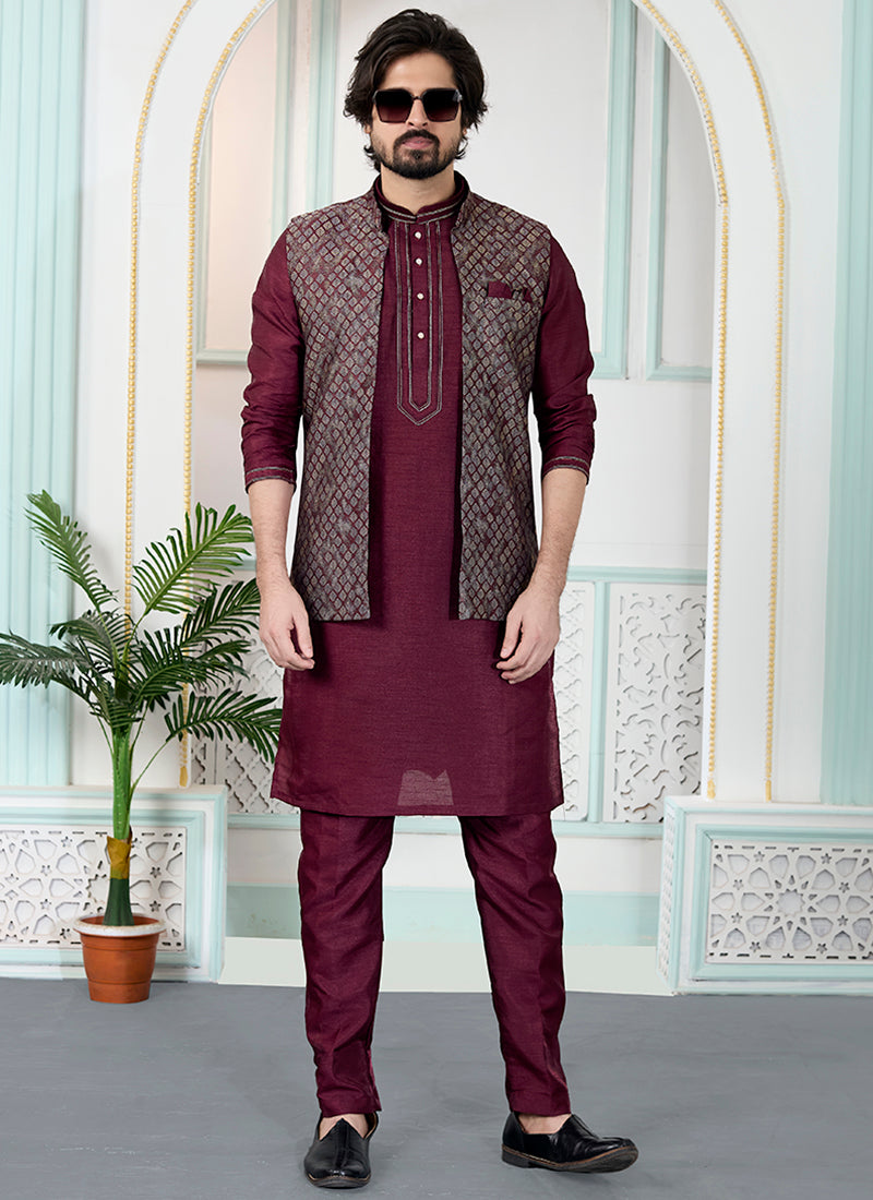 Maroon Art Banarasi Silk Pintux Wedding Wear Readymade Modi Jacket Kurta Pajama SW664938