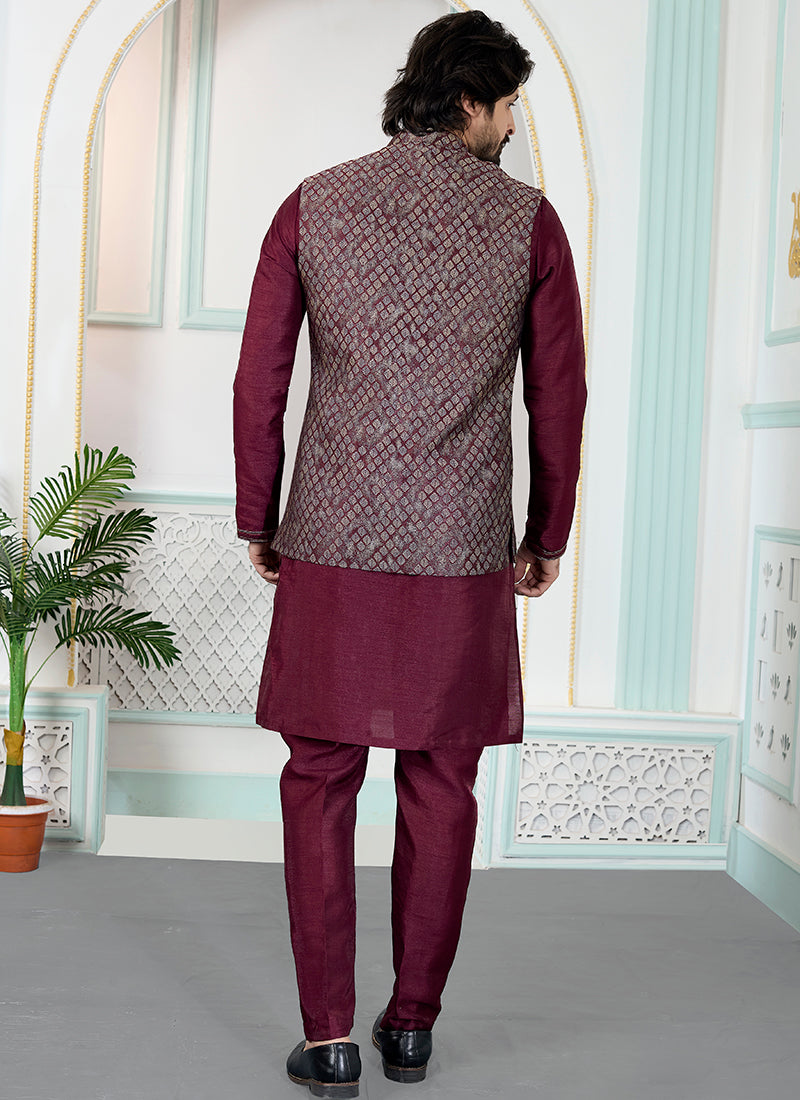 Maroon Art Banarasi Silk Pintux Wedding Wear Readymade Modi Jacket Kurta Pajama SW664938