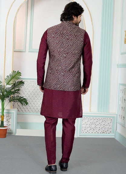 Maroon Art Banarasi Silk Pintux Wedding Wear Readymade Modi Jacket Kurta Pajama SW664938