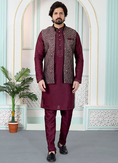 Maroon Art Banarasi Silk Pintux Wedding Wear Readymade Modi Jacket Kurta Pajama SW664938