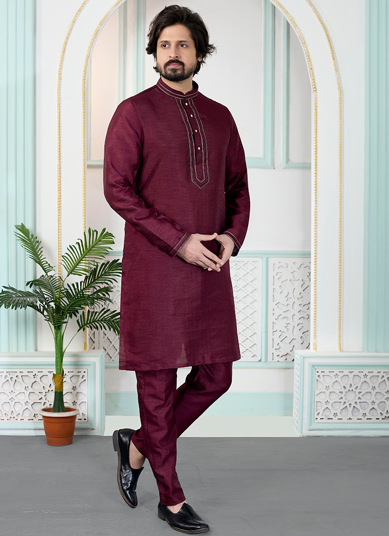 Maroon Art Silk Pintux Occasional Wear Readymade Kurta Pajama SW699409