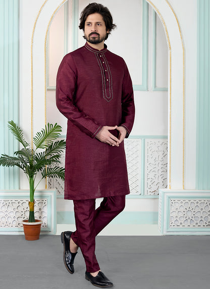 Maroon Art Silk Pintux Occasional Wear Readymade Kurta Pajama SW699409