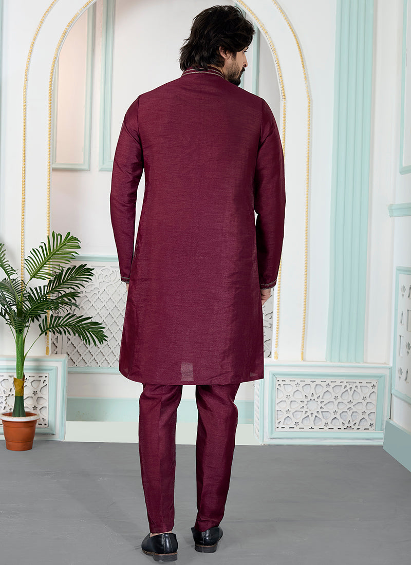 Maroon Art Silk Pintux Occasional Wear Readymade Kurta Pajama SW699409