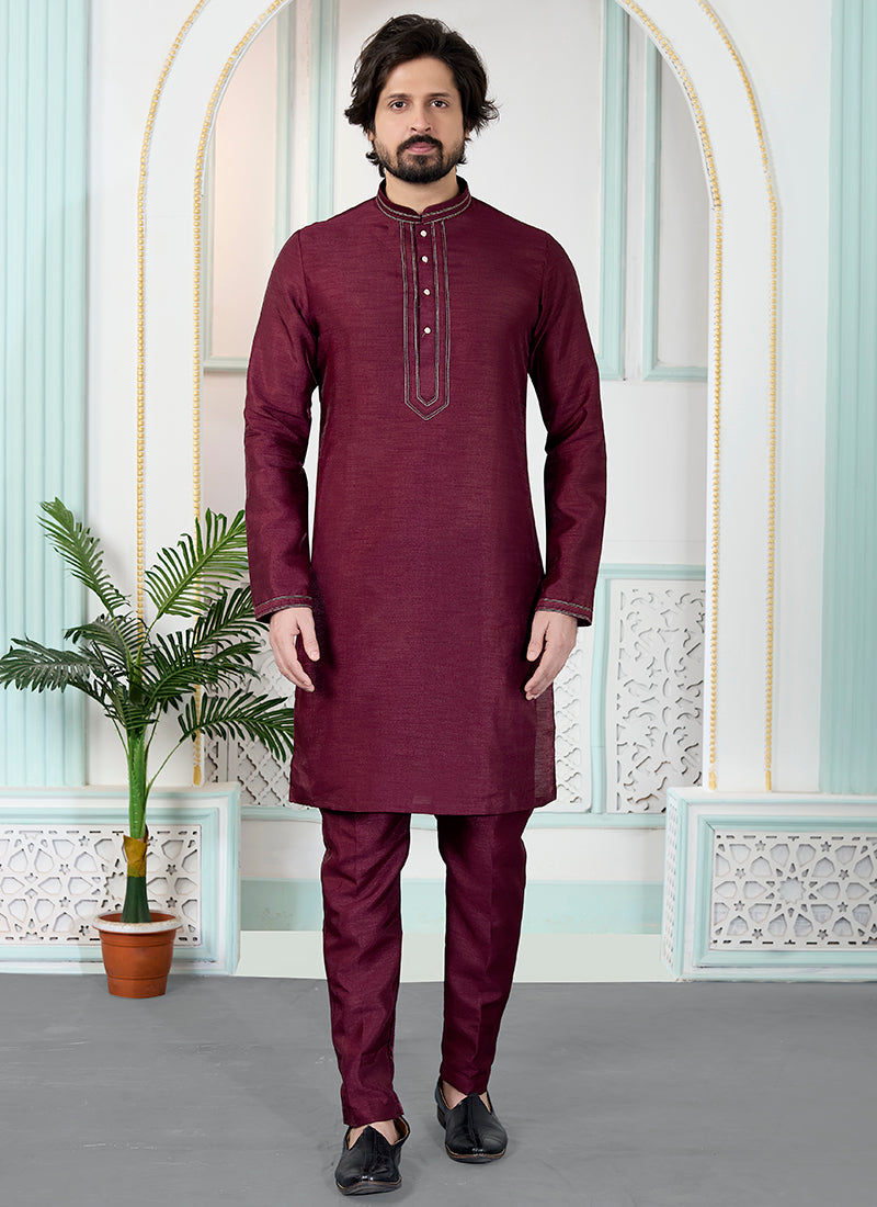 Maroon Art Silk Pintux Occasional Wear Readymade Kurta Pajama SW699409