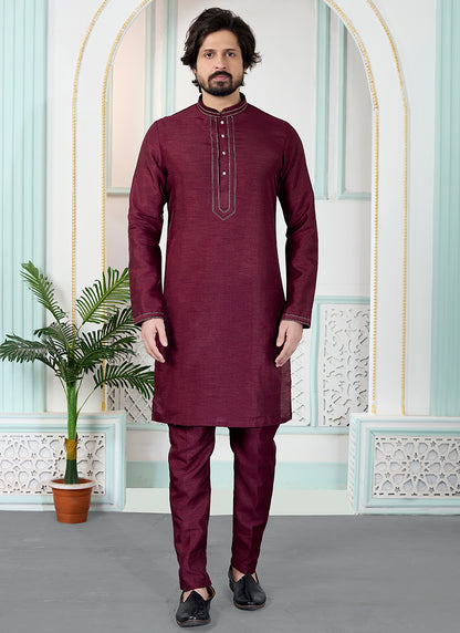 Maroon Art Silk Pintux Occasional Wear Readymade Kurta Pajama SW699409
