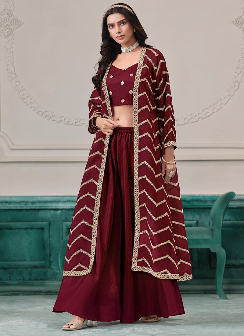 Maroon Chinon Silk Embroidery Work Party Wear Indowestern Suit SW913893