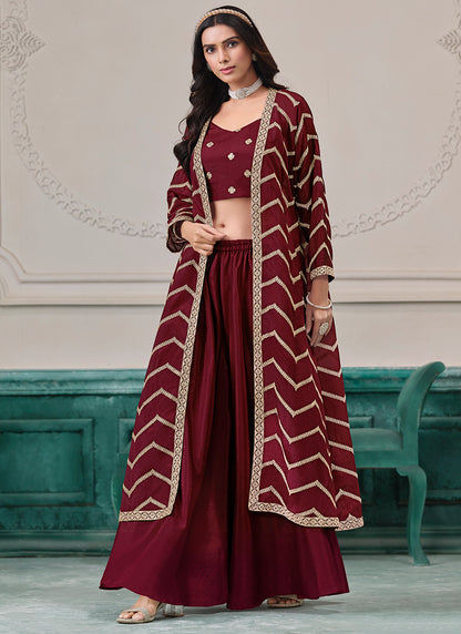 Maroon Chinon Silk Embroidery Work Party Wear Indowestern Suit SW913893