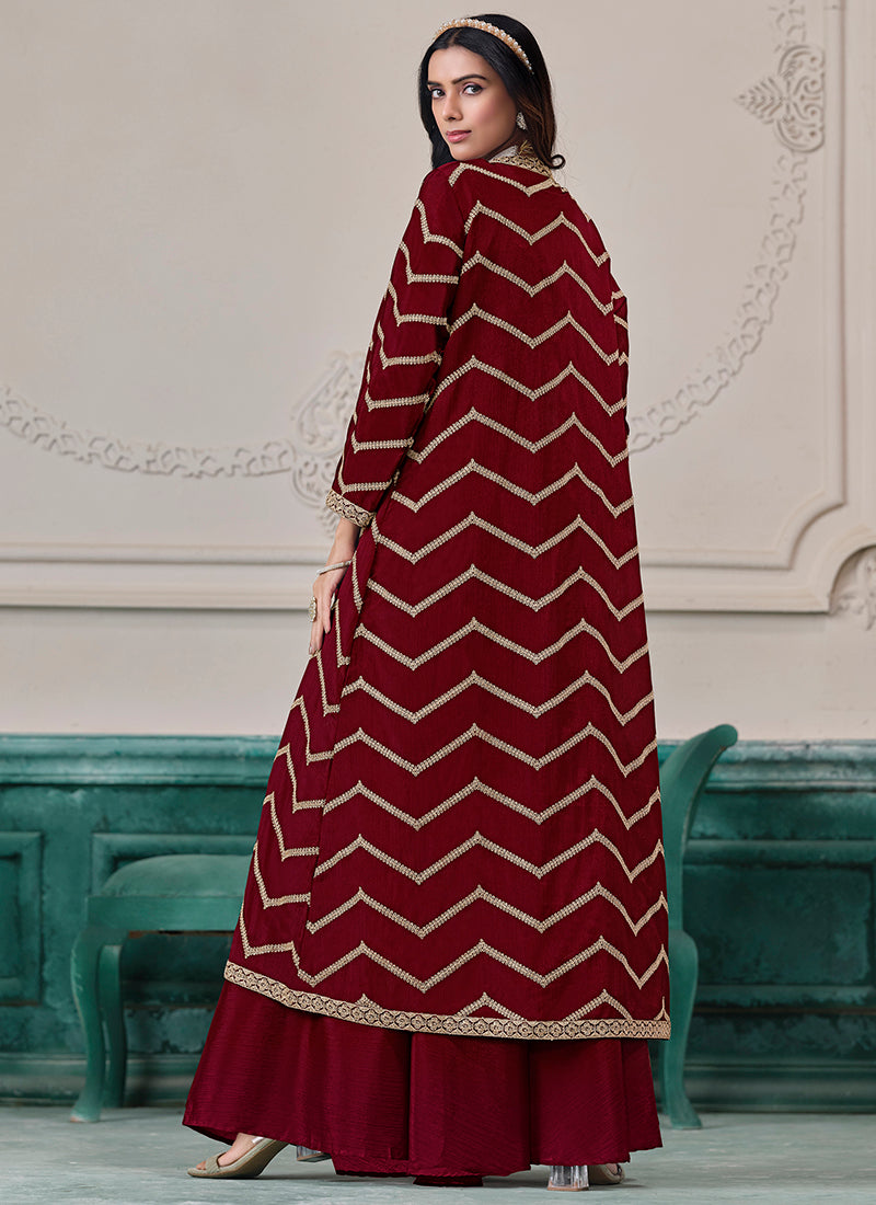 Maroon Chinon Silk Embroidery Work Party Wear Indowestern Suit SW913893