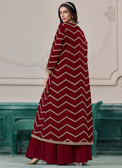 Maroon Chinon Silk Embroidery Work Party Wear Indowestern Suit SW913893