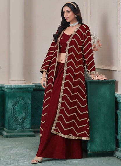 Maroon Chinon Silk Embroidery Work Party Wear Indowestern Suit SW913893