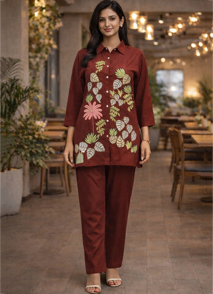 Maroon Cotton Thread Work Daily Wear Readymade Cord Set SW497637