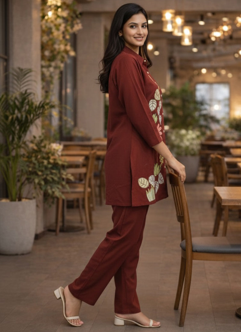 Maroon Cotton Thread Work Daily Wear Readymade Cord Set SW497637