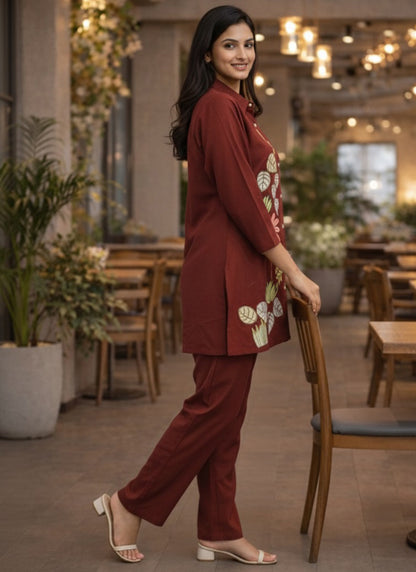 Maroon Cotton Thread Work Daily Wear Readymade Cord Set SW497637