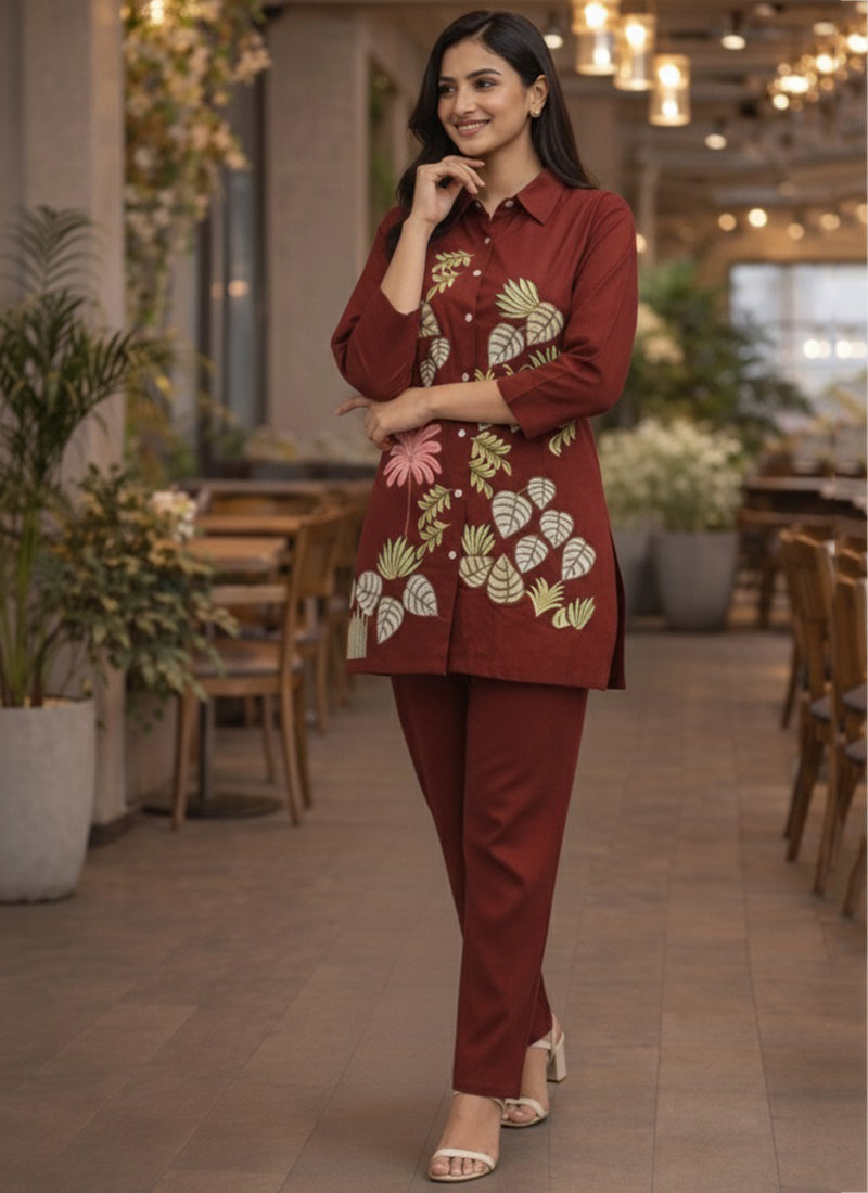 Maroon Cotton Thread Work Daily Wear Readymade Cord Set SW497637