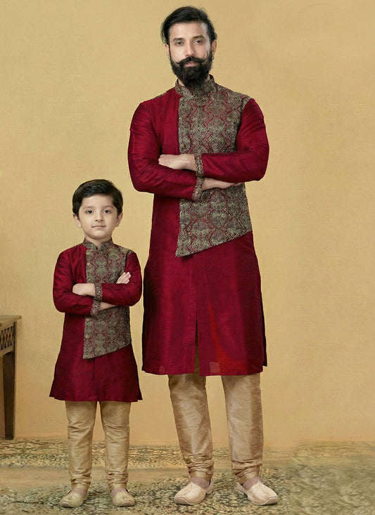 Maroon Dupion Silk Embroidery Work Festival Wear Readymade Kurta Pajama For Man SW877228