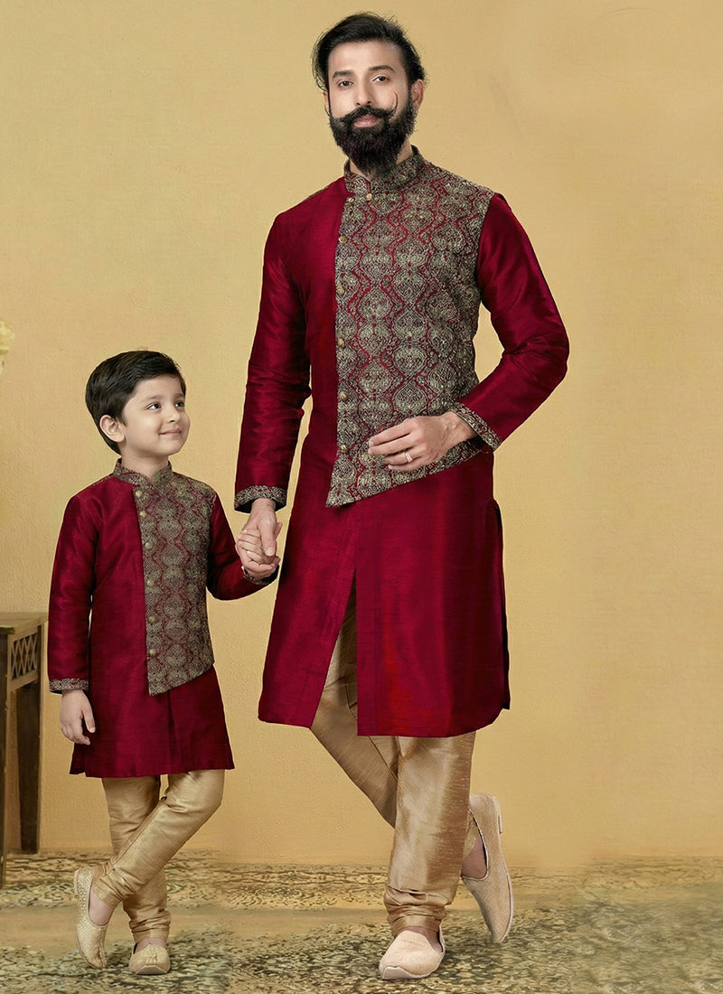 Maroon Dupion Silk Embroidery Work Festival Wear Readymade Kurta Pajama For Man SW877228