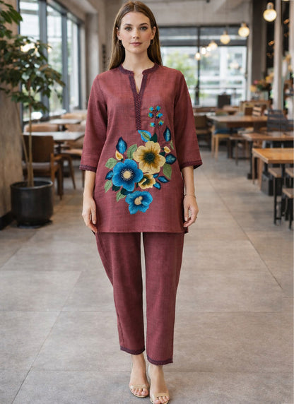 Maroon Linen Cotton Thread Work Casual Wear Readymade Cord Set SW805412