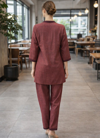 Maroon Linen Cotton Thread Work Casual Wear Readymade Cord Set SW805412