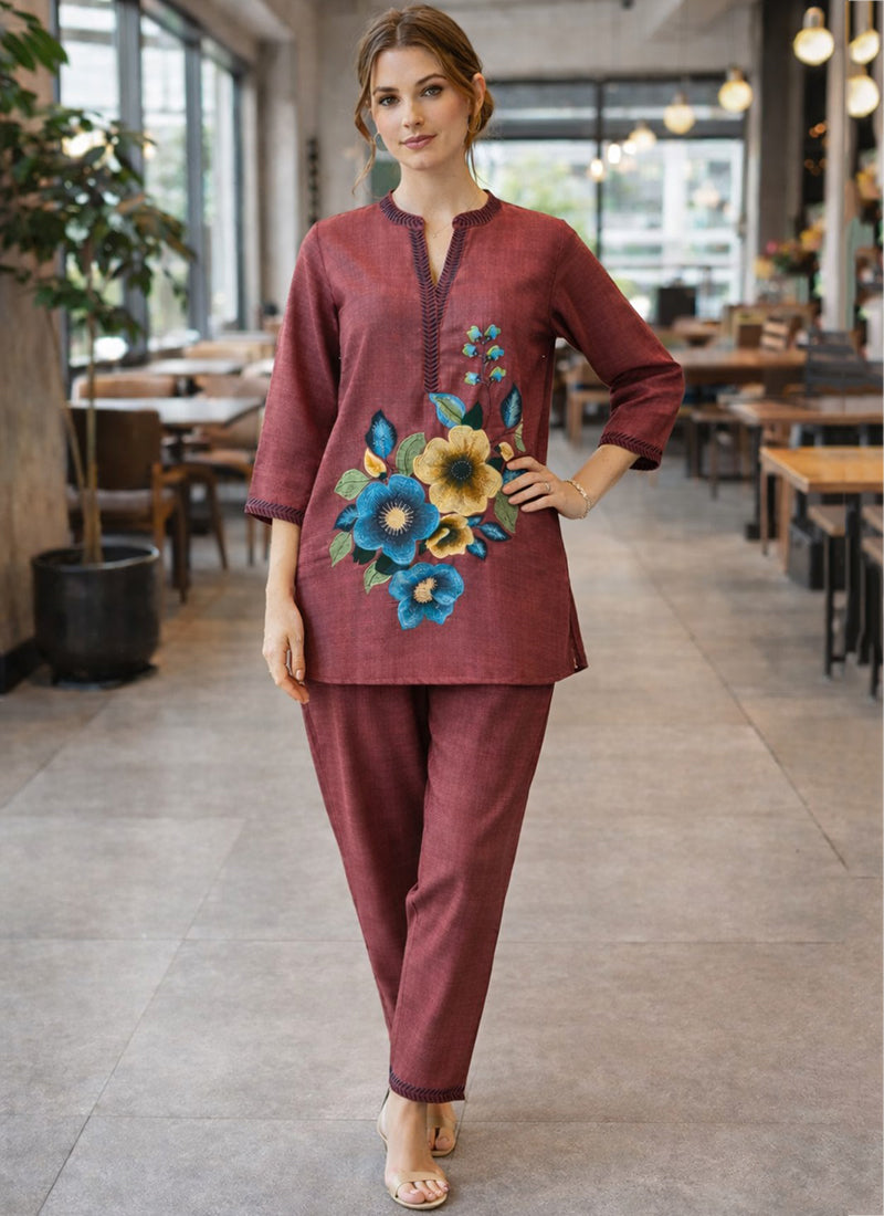 Maroon Linen Cotton Thread Work Casual Wear Readymade Cord Set SW805412