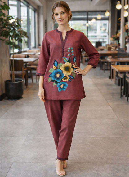 Maroon Linen Cotton Thread Work Casual Wear Readymade Cord Set SW805412