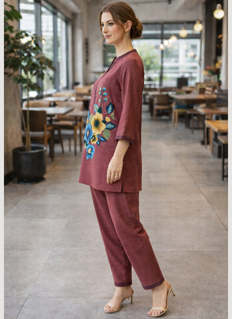 Maroon Linen Cotton Thread Work Casual Wear Readymade Cord Set SW805412