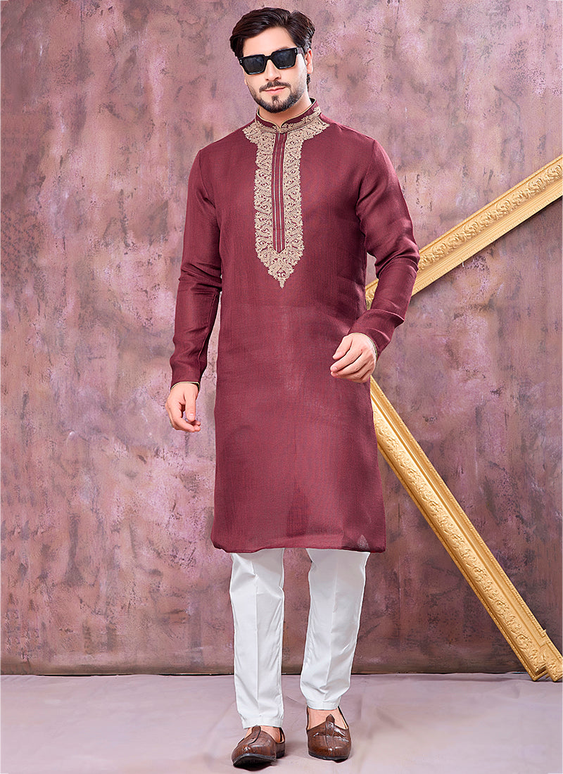 Maroon Linen Cotton Embroidery Work Occasional Wear Readymade Kurta Pajama SW606122