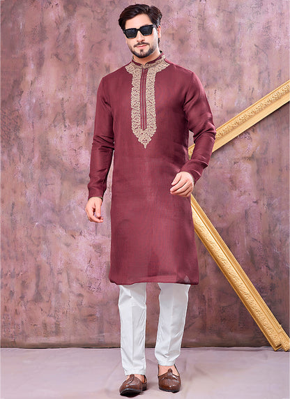 Maroon Linen Cotton Embroidery Work Occasional Wear Readymade Kurta Pajama SW606122