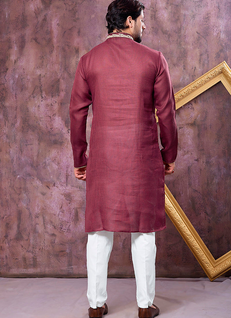 Maroon Linen Cotton Embroidery Work Occasional Wear Readymade Kurta Pajama SW606122