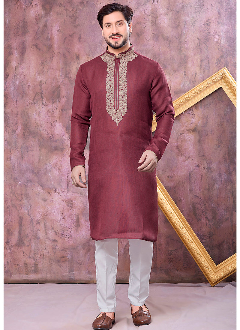 Maroon Linen Cotton Embroidery Work Occasional Wear Readymade Kurta Pajama SW606122