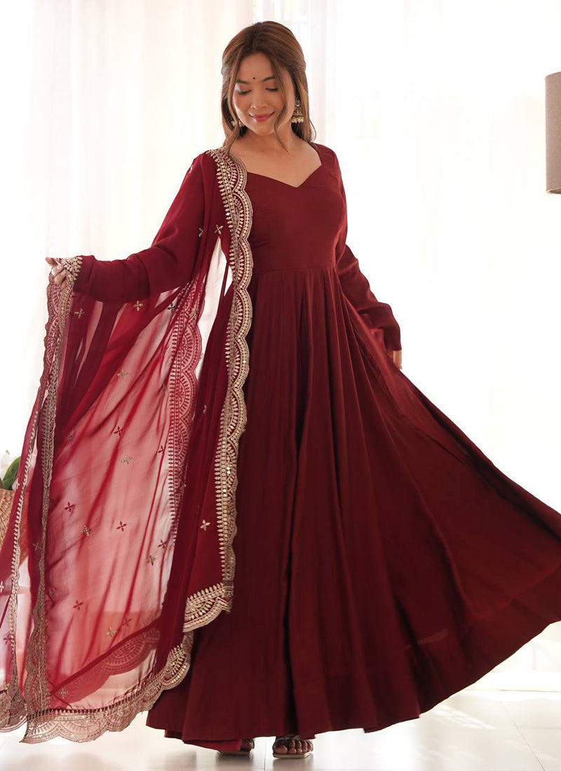 Maroon Roman Silk Plain Work Party Wear Readymade Gown SW882859