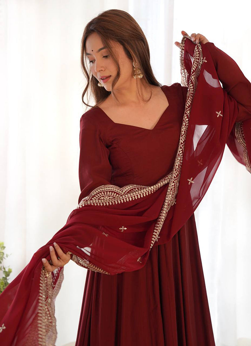 Maroon Roman Silk Plain Work Party Wear Readymade Gown SW882859