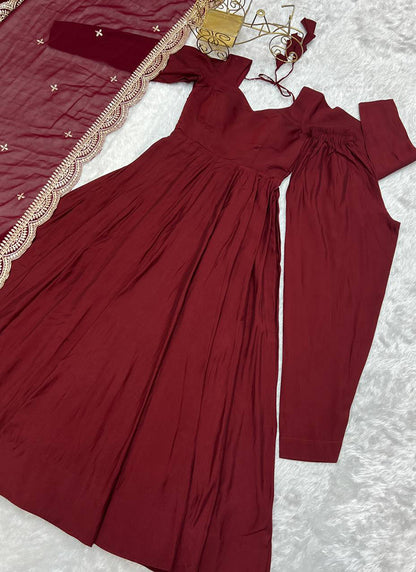 Maroon Roman Silk Plain Work Party Wear Readymade Gown SW882859